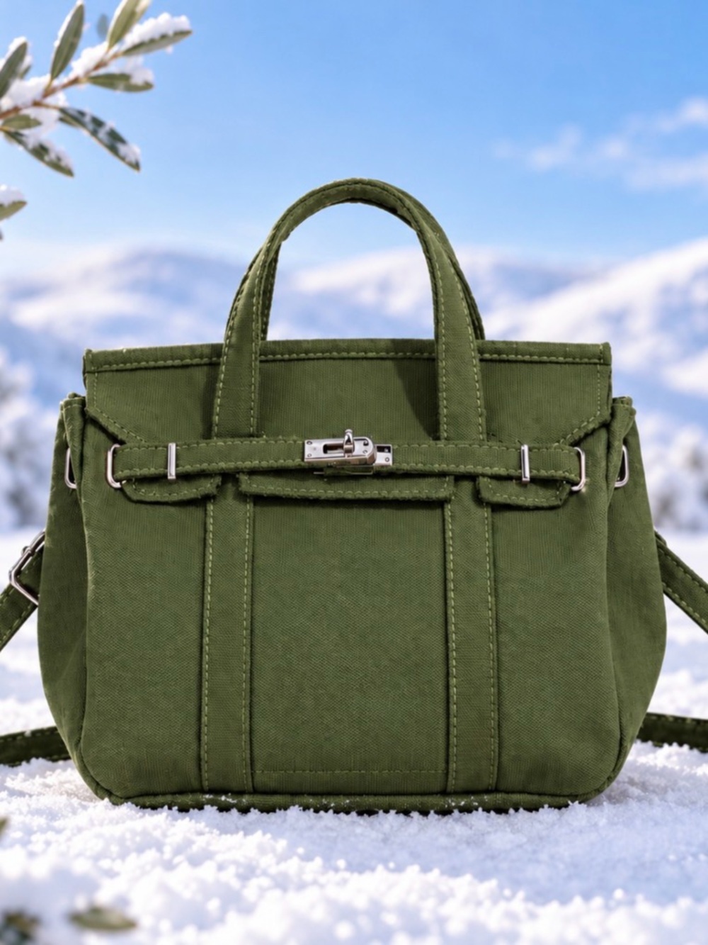 Small Olive Green Canvas Tote Bag with Adjustable Strap